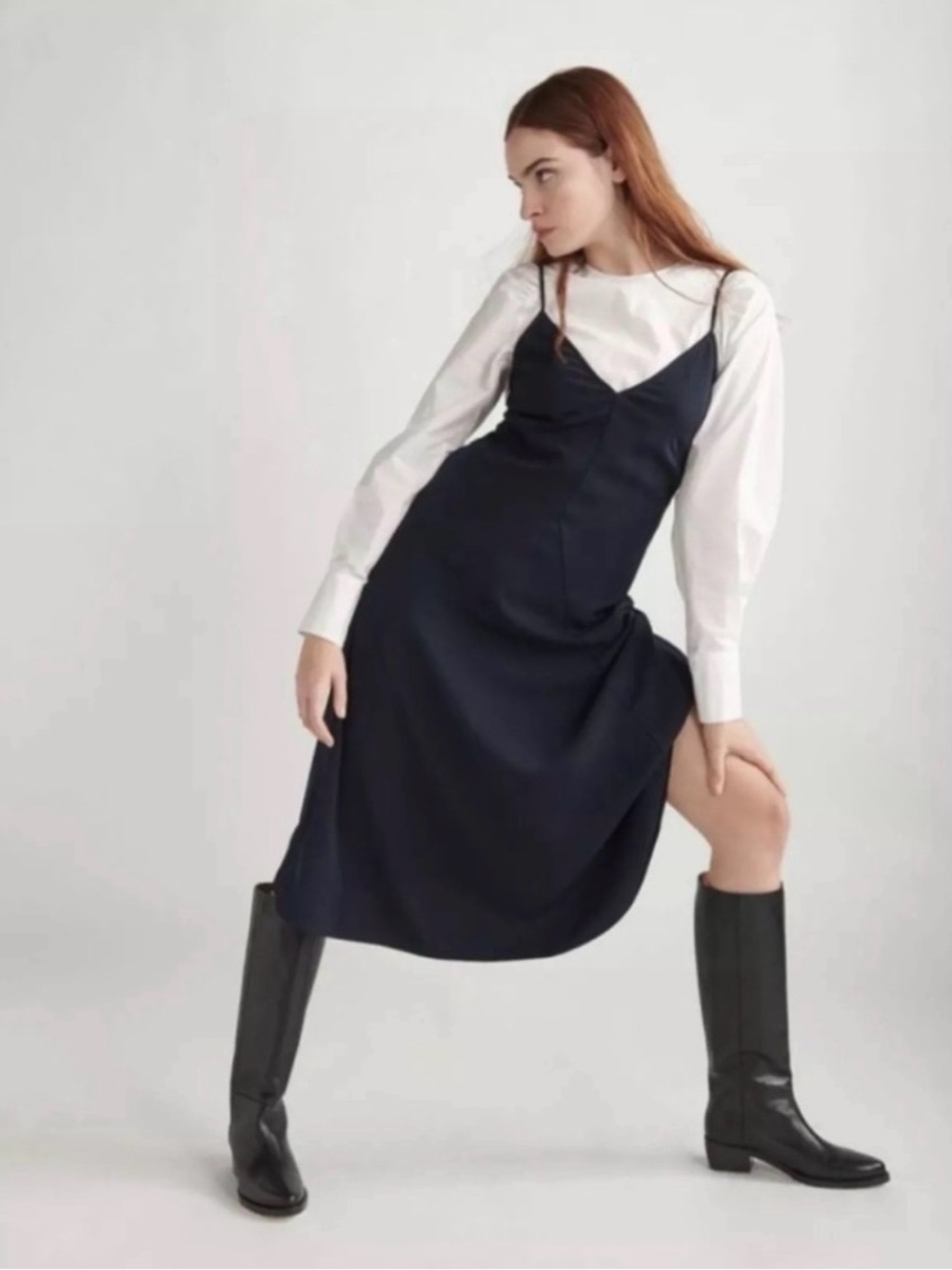 Thakoon Navy Slip Midi Dress with V-Neck